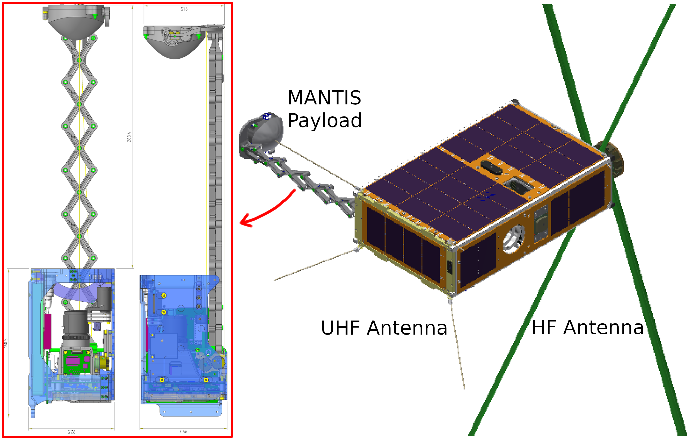 The CAD models of the Buccaneer Main Mission satellite (right) and MANTIS payload (left).